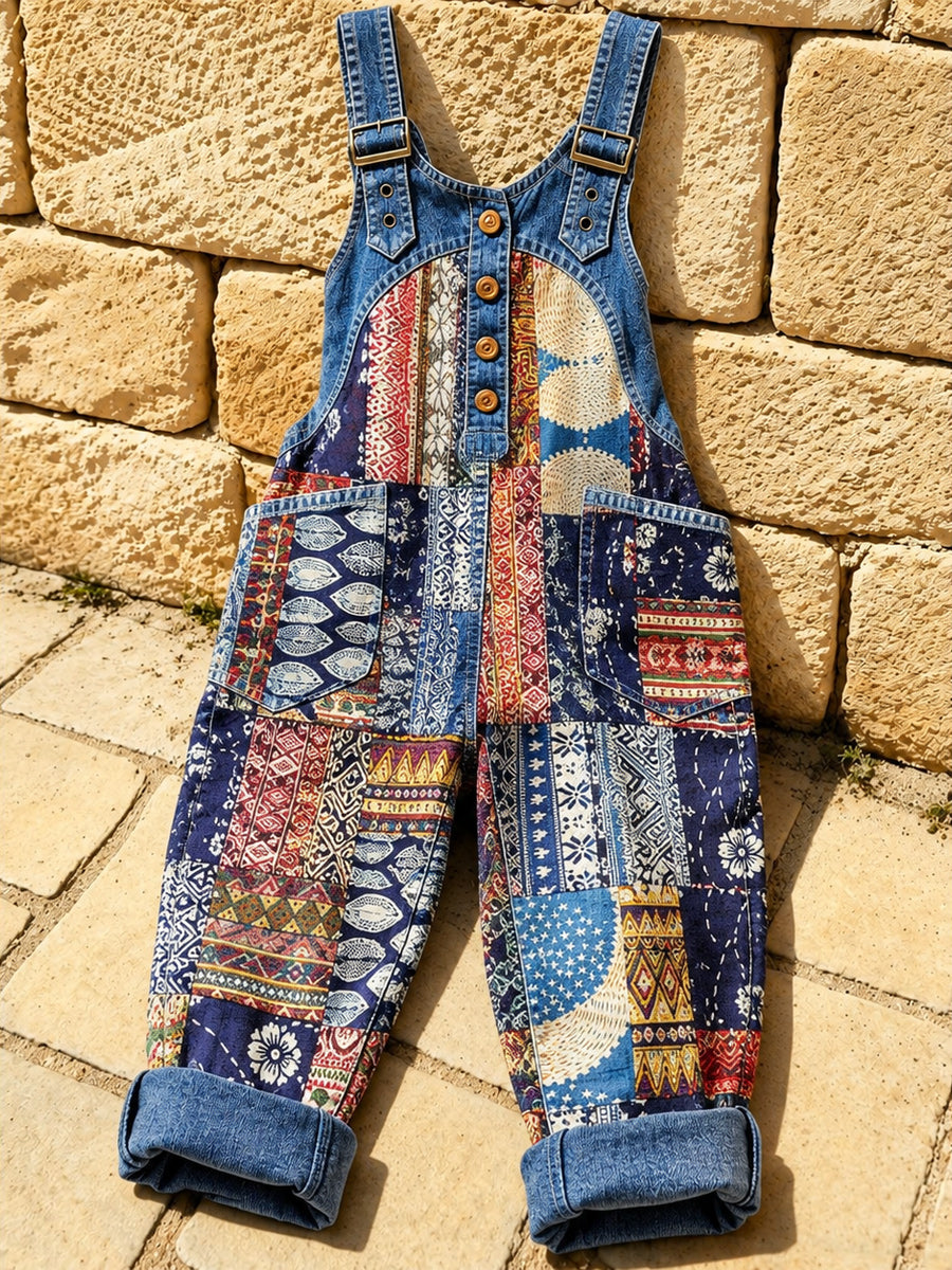 Women's Retro Style Art Print Washed Cotton Denim Patchwork Jumpsuit